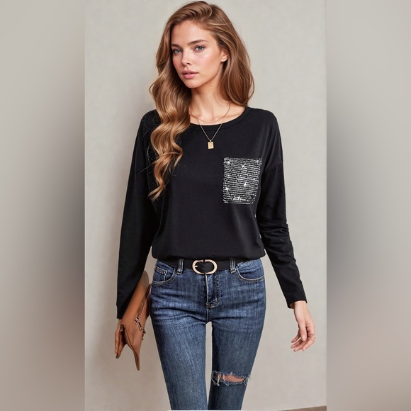 Black Drop Sleeve T-shirt Featuring Contrasting Sequin Pocket Detail - Picture 5 of 8
